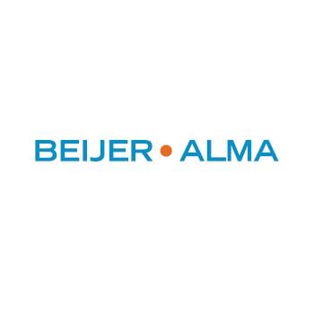 Das Bild zeigt das Beijer Alma-Logo mit blauem Text auf weißem Hintergrund. Ein kleiner roter Punkt trennt „Beijer“ und „Alma“ und vermittelt Schlichtheit und Professionalität.