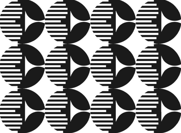 Schwarz-weißes geometrisches Logo, das aus sich wiederholenden kreisförmigen und gestreiften Mustern besteht und ein abstraktes Raster bildet, das Beijer Components repräsentiert.