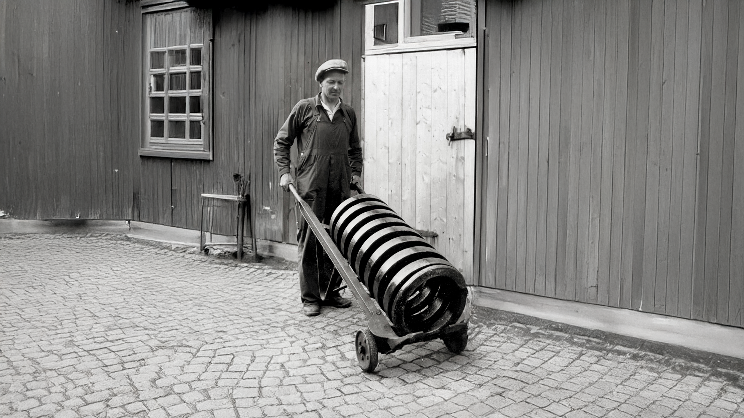 Schwarzweißfoto eines Mitarbeiters, der eine große Drahtfeder auf einem Handwagen bewegt.