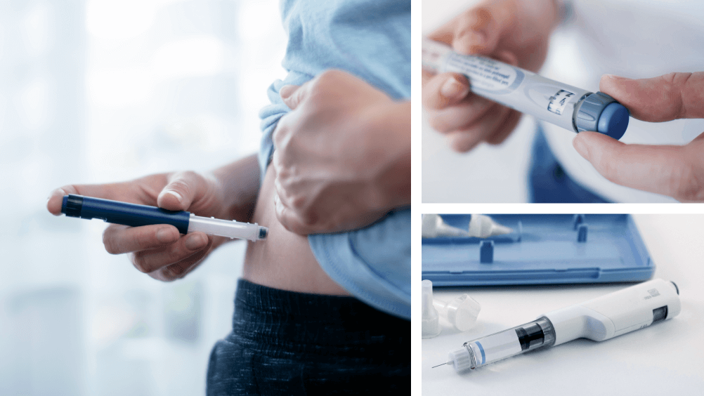 Three images of insulin pens: a person injecting insulin into their abdomen, a close-up of someone adjusting the dose dial, and an insulin pen with exposed needle on a table.