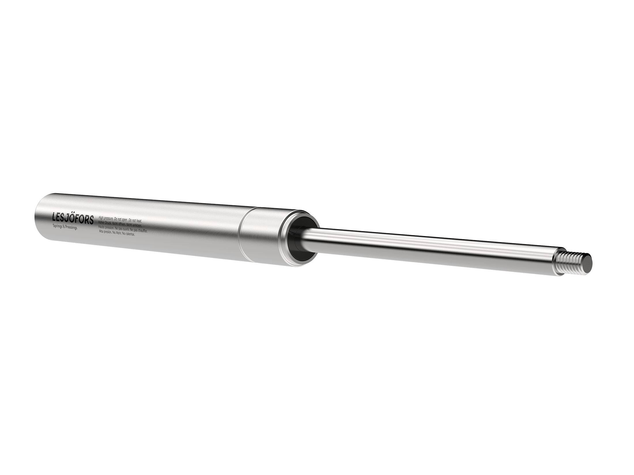 Stainless-steel gas spring with the Lesjöfors brand name printed on the cylinder against a white background.