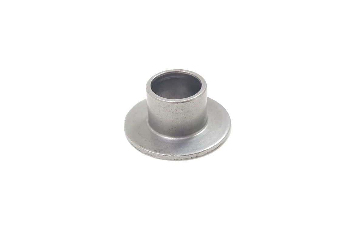 Silver cup-shaped metal component with a flat flange, isolated on a white background.
