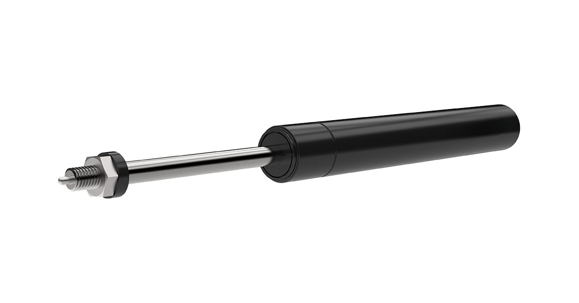 Lockable gas spring with a black cylinder, chrome piston rod, and threaded end fitting.