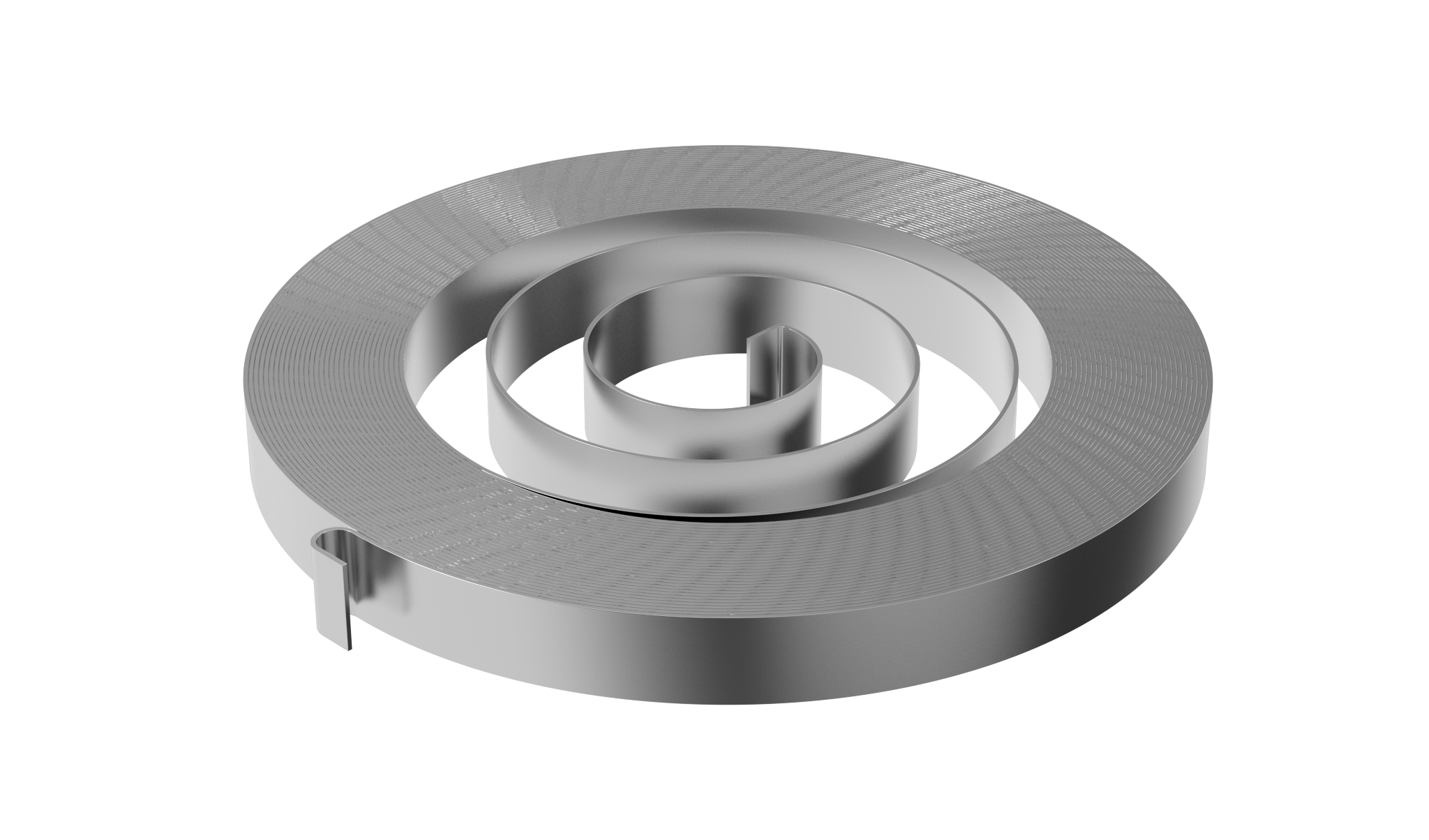 Power spring made from flat steel strip wound into a loose spiral with a hooked outer end.