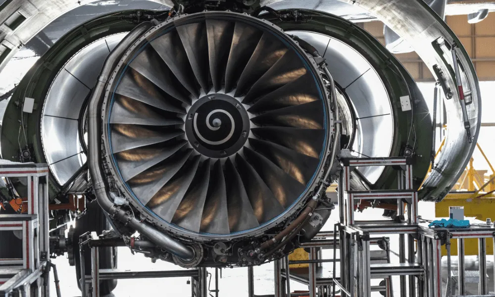 Nahaufnahme eines großen Strahltriebwerks mit sichtbaren Turbinenschaufeln, Metallgehäuse und umliegenden mechanischen Teilen.