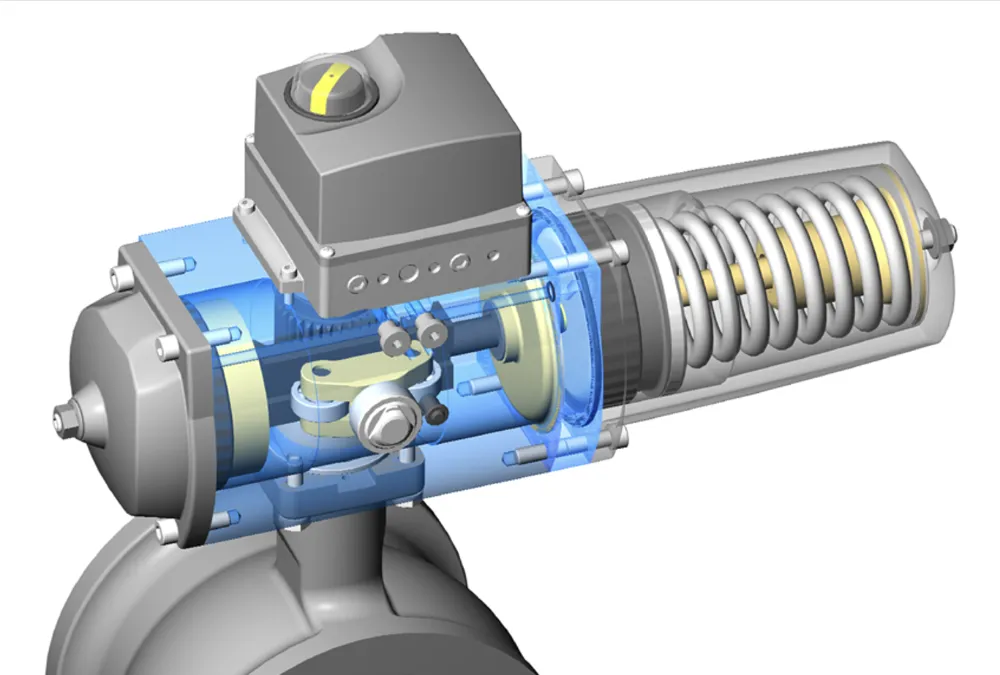 A cutaway 3D technical illustration of a spring-return actuator, showing the internal compression springs, rotary mechanism and valve body components.