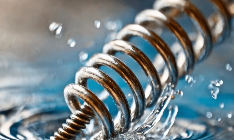 Nahaufnahme einer glänzenden Metallfeder, umgeben von Wassertropfen, vor einem verschwommenen blauen Hintergrund.