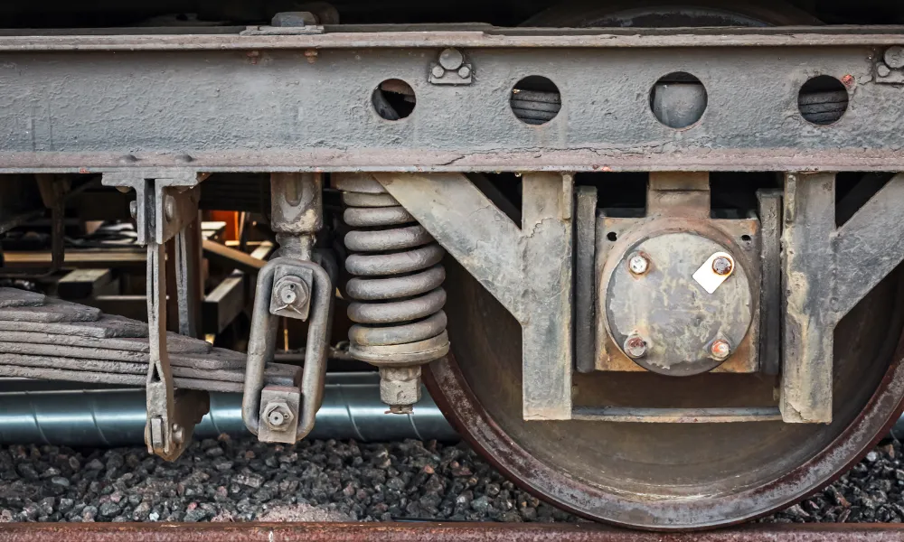 Schraubenfeder-Federungssystem am Untergestell eines Eisenbahngüterwagens.