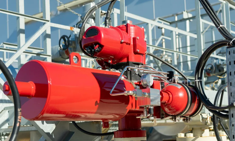 Roter industrieller Schraubenfedermechanismus an schwerer Öl- und Gasausrüstung.