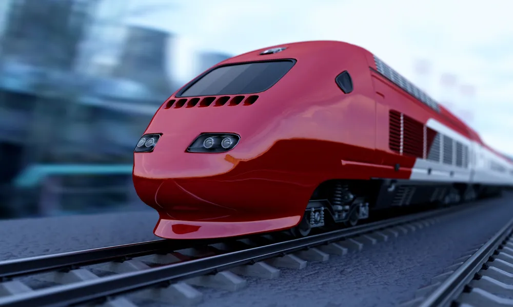 3D-gerenderte Illustration eines schlanken, aerodynamischen rot-weißen Hochgeschwindigkeits-Personenzugs, der mit hoher Geschwindigkeit auf den Gleisen fährt, mit unscharfem Stadt-Hintergrund, der Bewegung vermittelt.