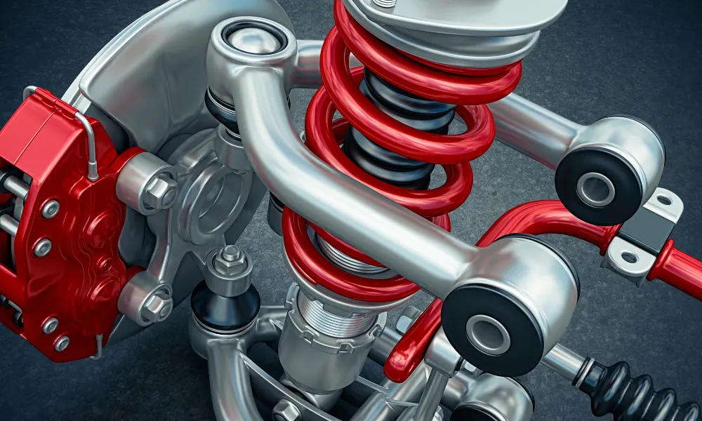 Nahaufnahme eines Fahrzeugfederungssystems mit einer roten Schraubenfeder und einem metallischen Stoßdämpfer. Das Bild hebt detaillierte technische Komponenten hervor.