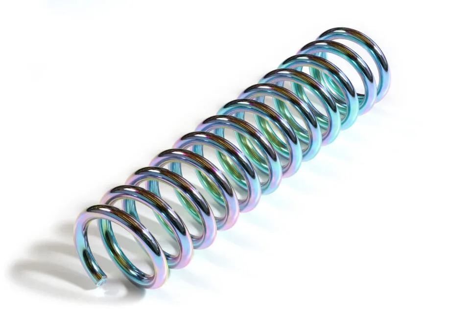 Helical compression spring with uniform coils designed to absorb and store mechanical energy.