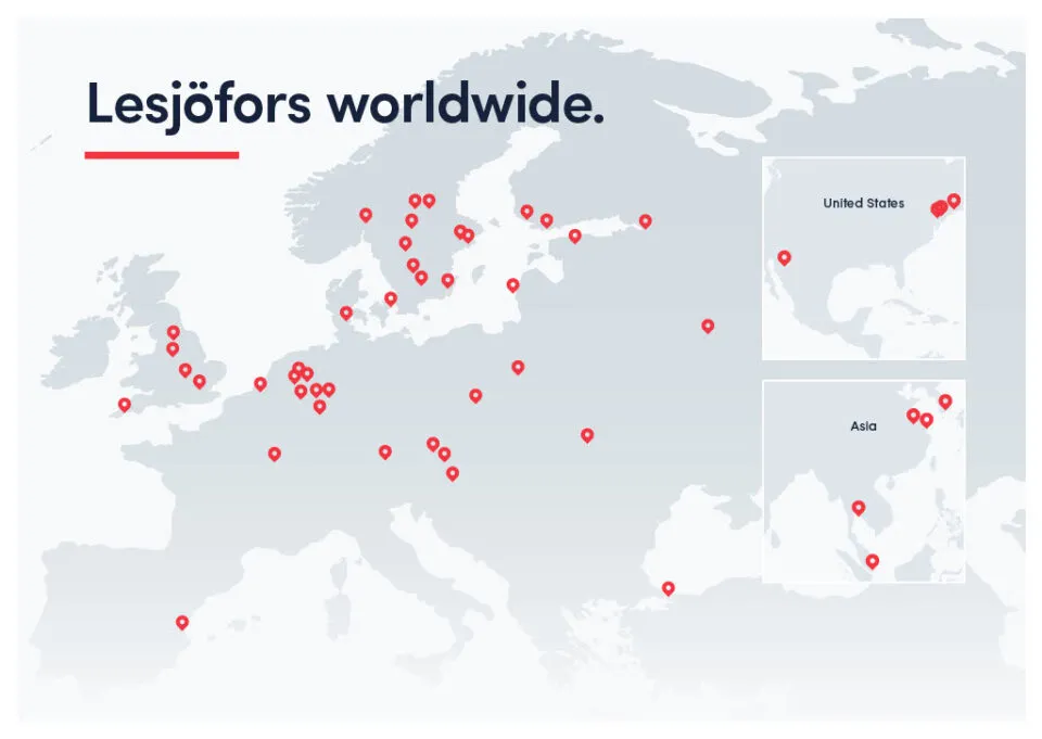 World map showing Lesjöfors manufacturing and distribution locations across Europe, North America, and Asia.