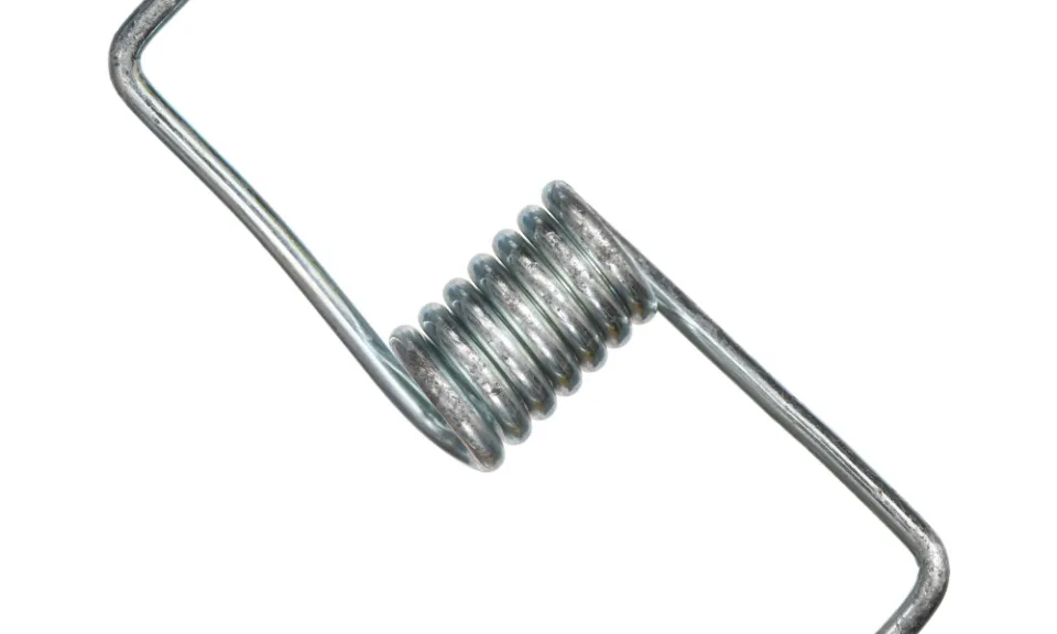 Metal torsion spring with coiled center and extended arms used for rotational force applications.