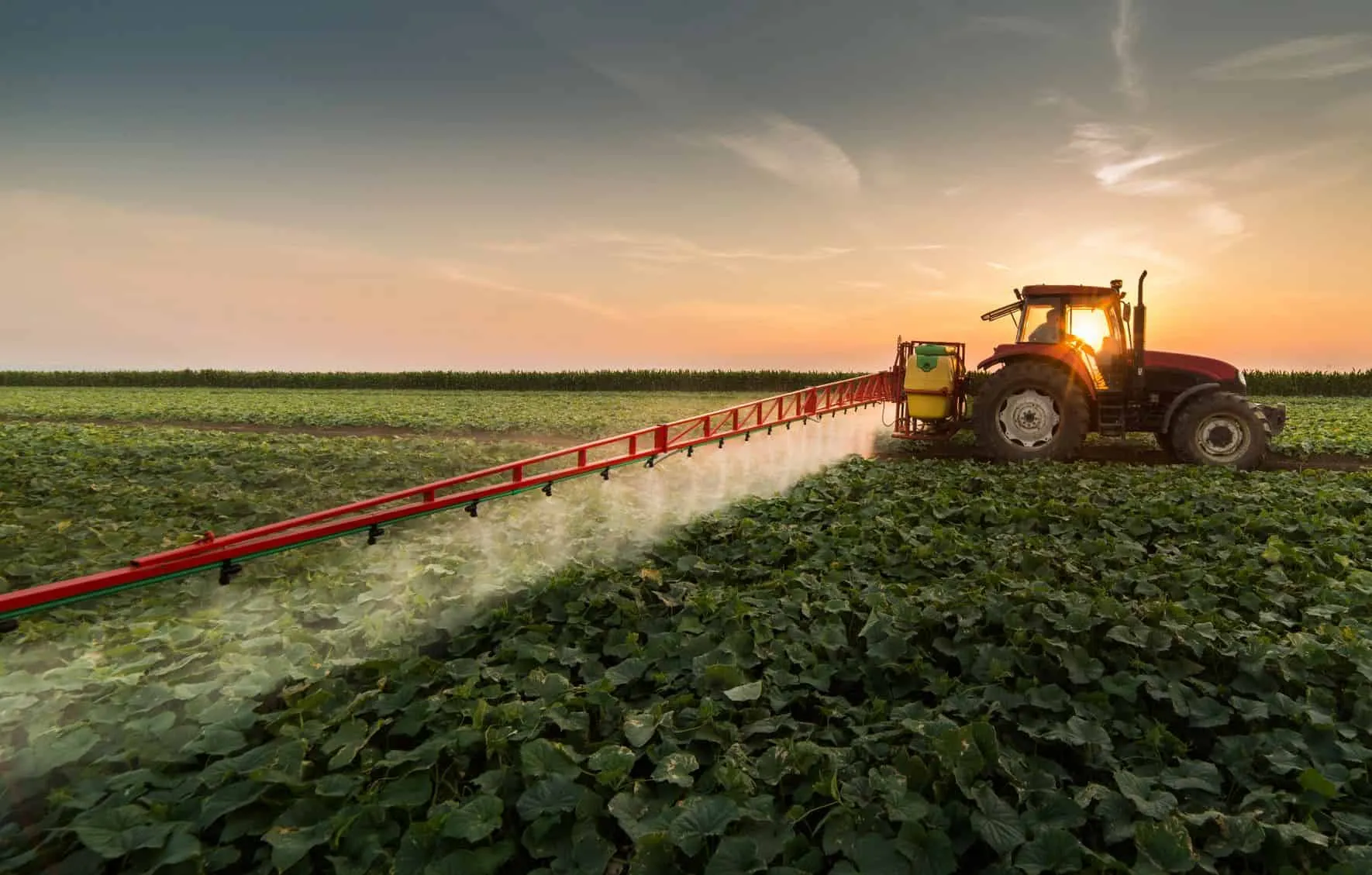 Tractor with a wide spray boom applying liquid to a crop field at sunset, representing agricultural machinery applications for springs.