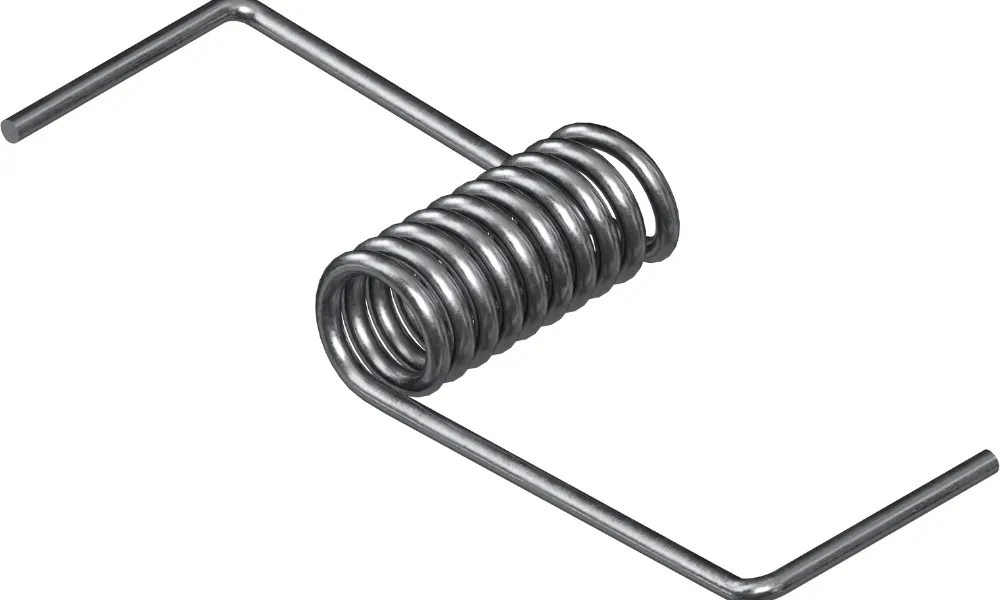 Torsionsfeder aus Edelstahl mit abgewinkelten Schenkelenden, die einen eng gewickelten Spiralkörper vor weißem Hintergrund zeigt.