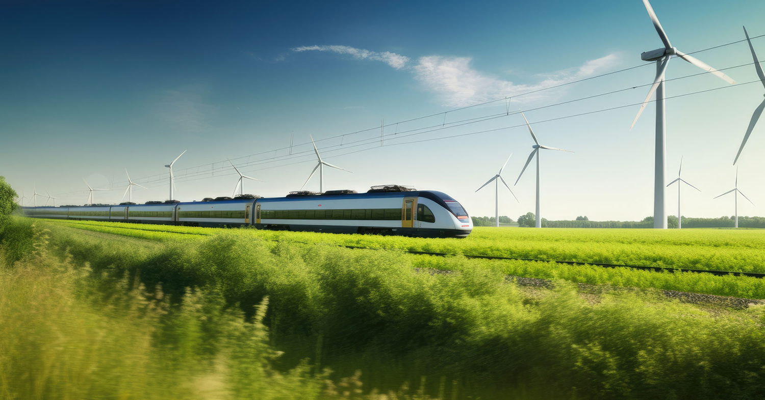 Ein schlanker Hochgeschwindigkeitszug fährt durch üppig grüne Felder unter einem klaren blauen Himmel, flankiert von großen Windturbinen, und symbolisiert umweltfreundlichen Verkehr.