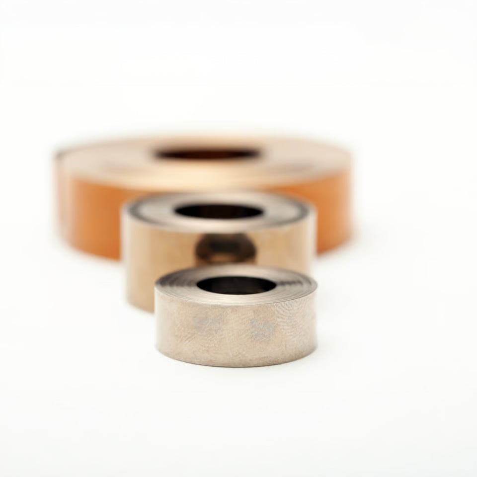 Group of constant force springs in different sizes on a white background.