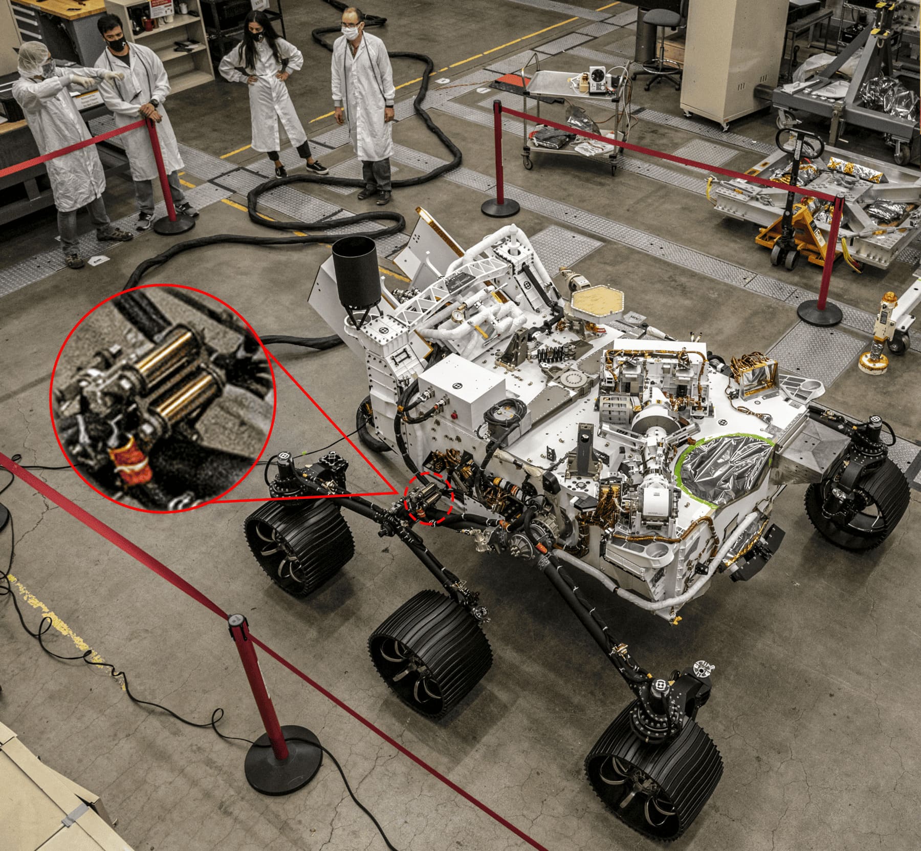 Close-up of John Evans’ Sons constant force springs in the Mars Perseverance Rover suspension system, during pre-launch assembly at NASA's Jet Propulsion Laboratory