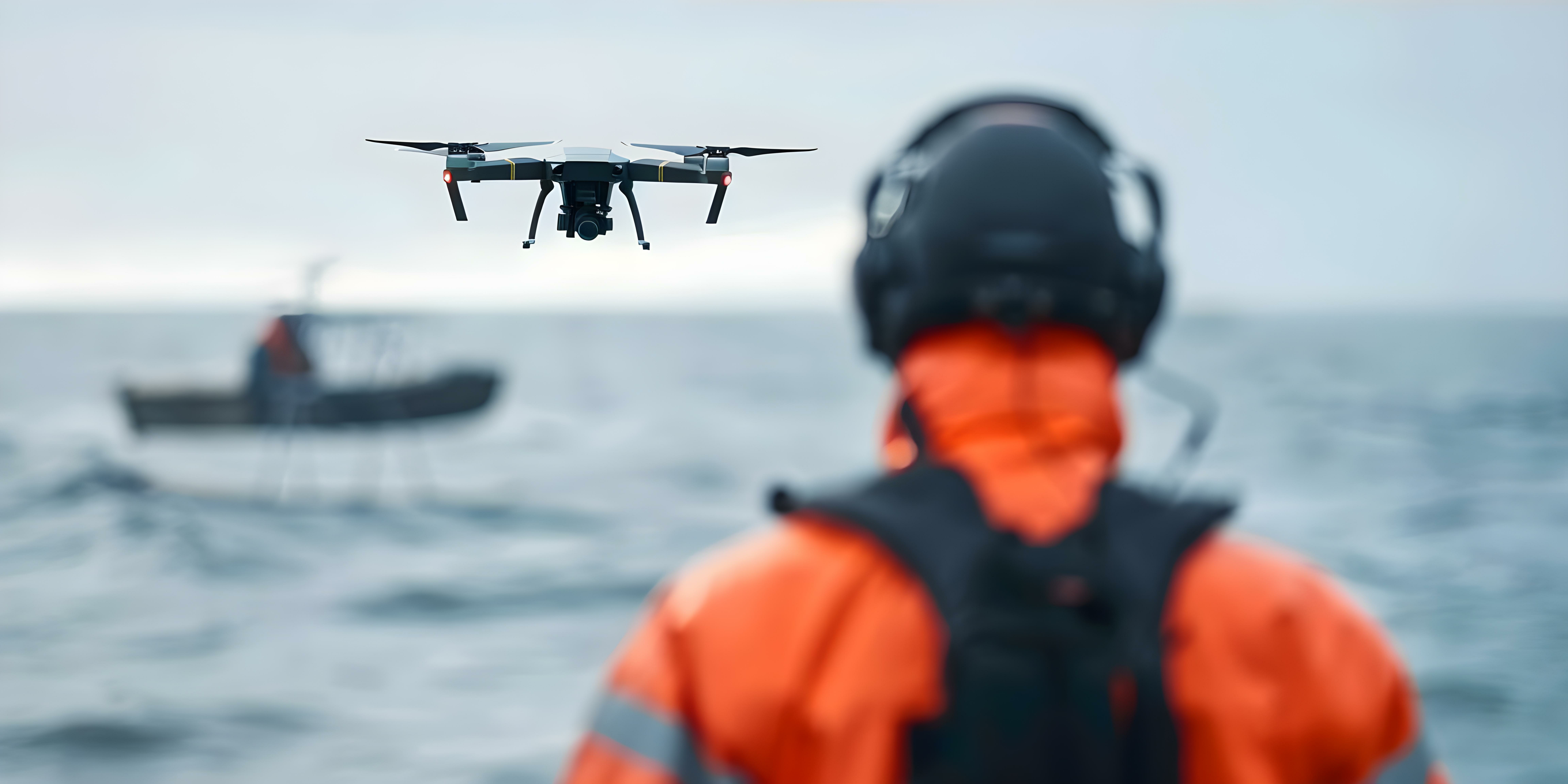 En person i høj synlighedsbeklædning og med høreværn betjener en drone over havet, med en båd i det fjerne.