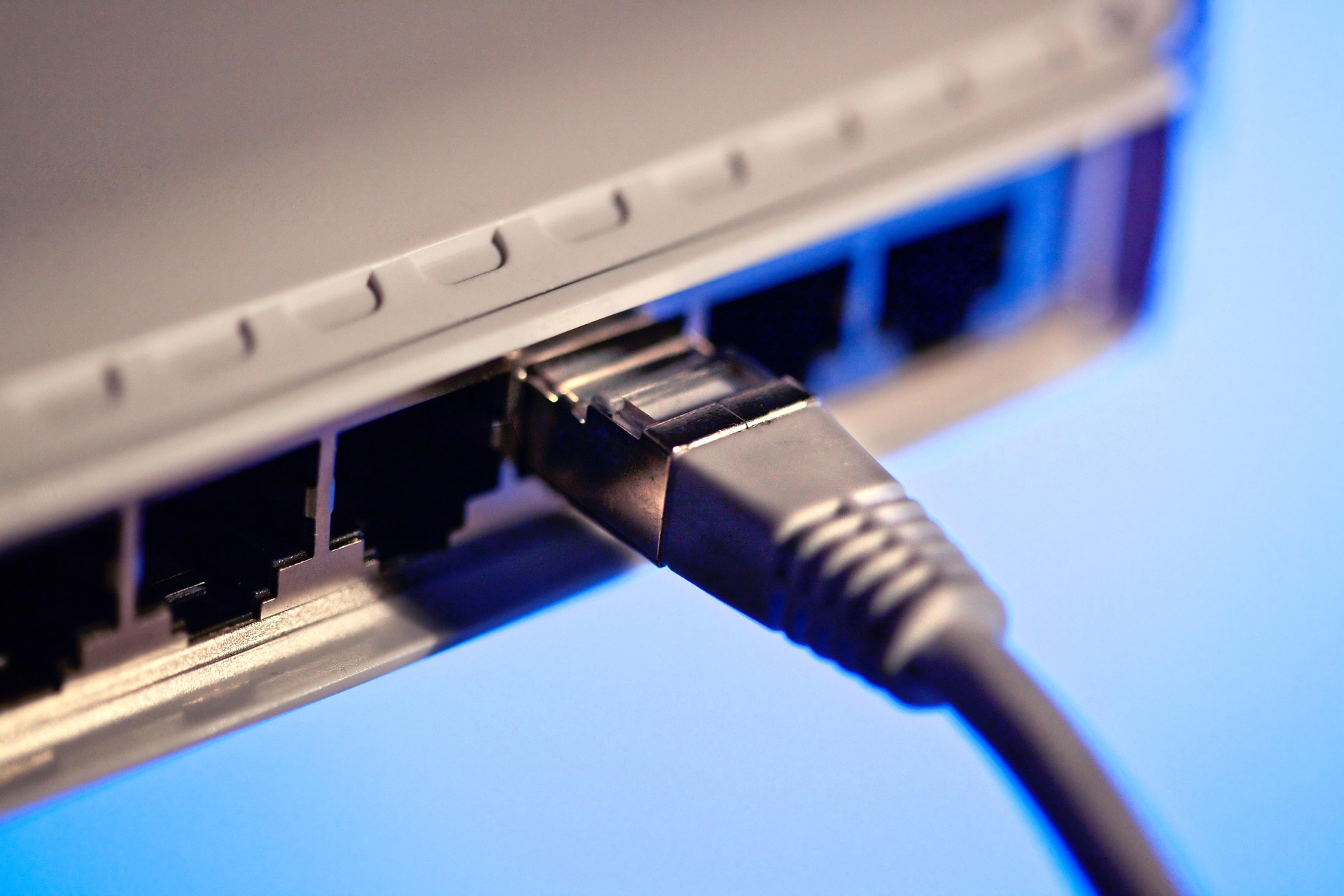 Närbild av en svart Ethernet-kabel som är ansluten till en nätverksswitch, mot en blå bakgrund.