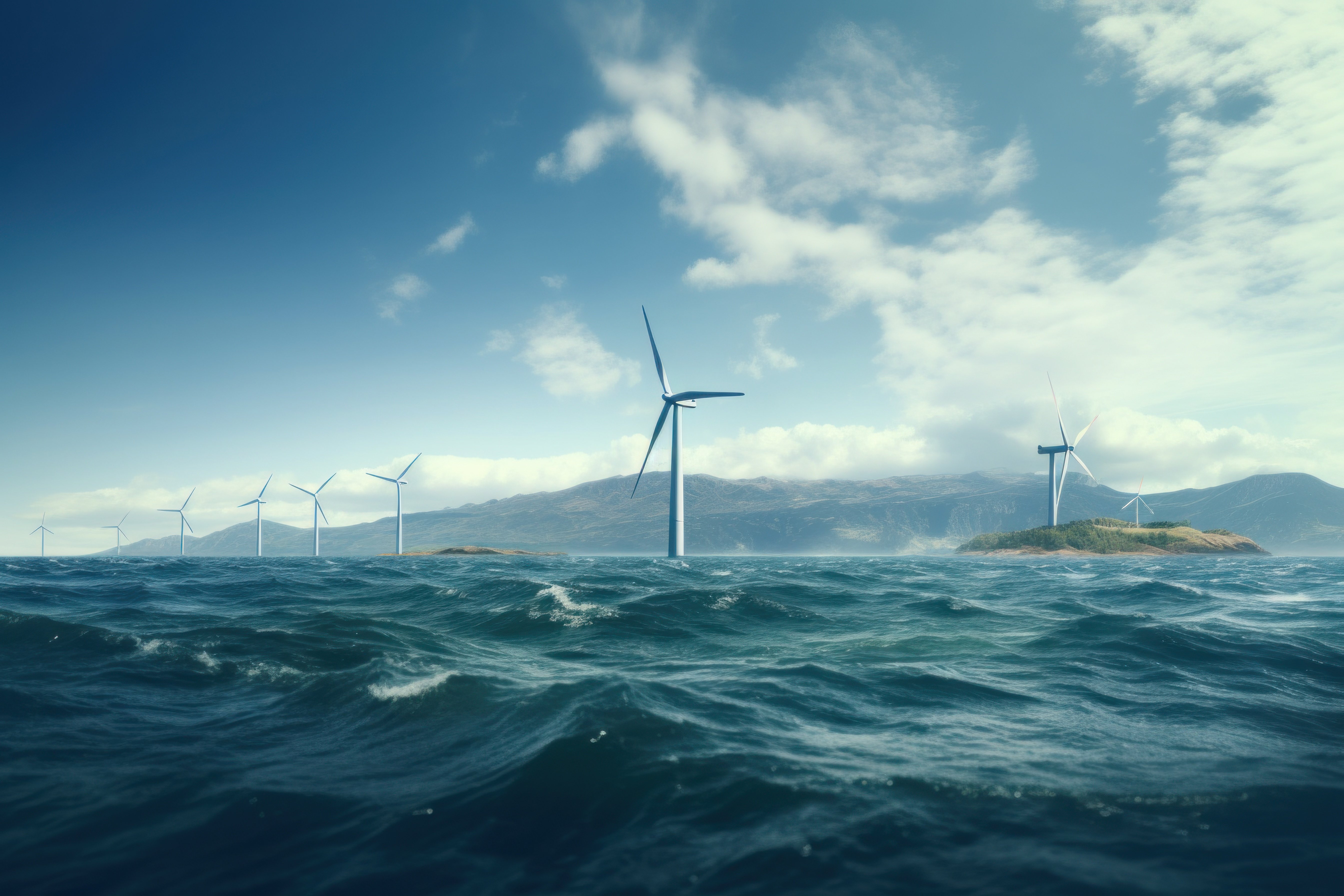 Offshore-Windkraftanlagen unter einem hellen Himmel, mit Land im Hintergrund.
