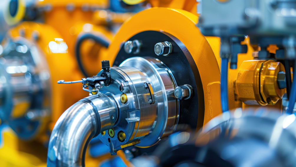 Nahaufnahme von Industriemaschinen mit Metallrohren und orangefarbenen Komponenten.