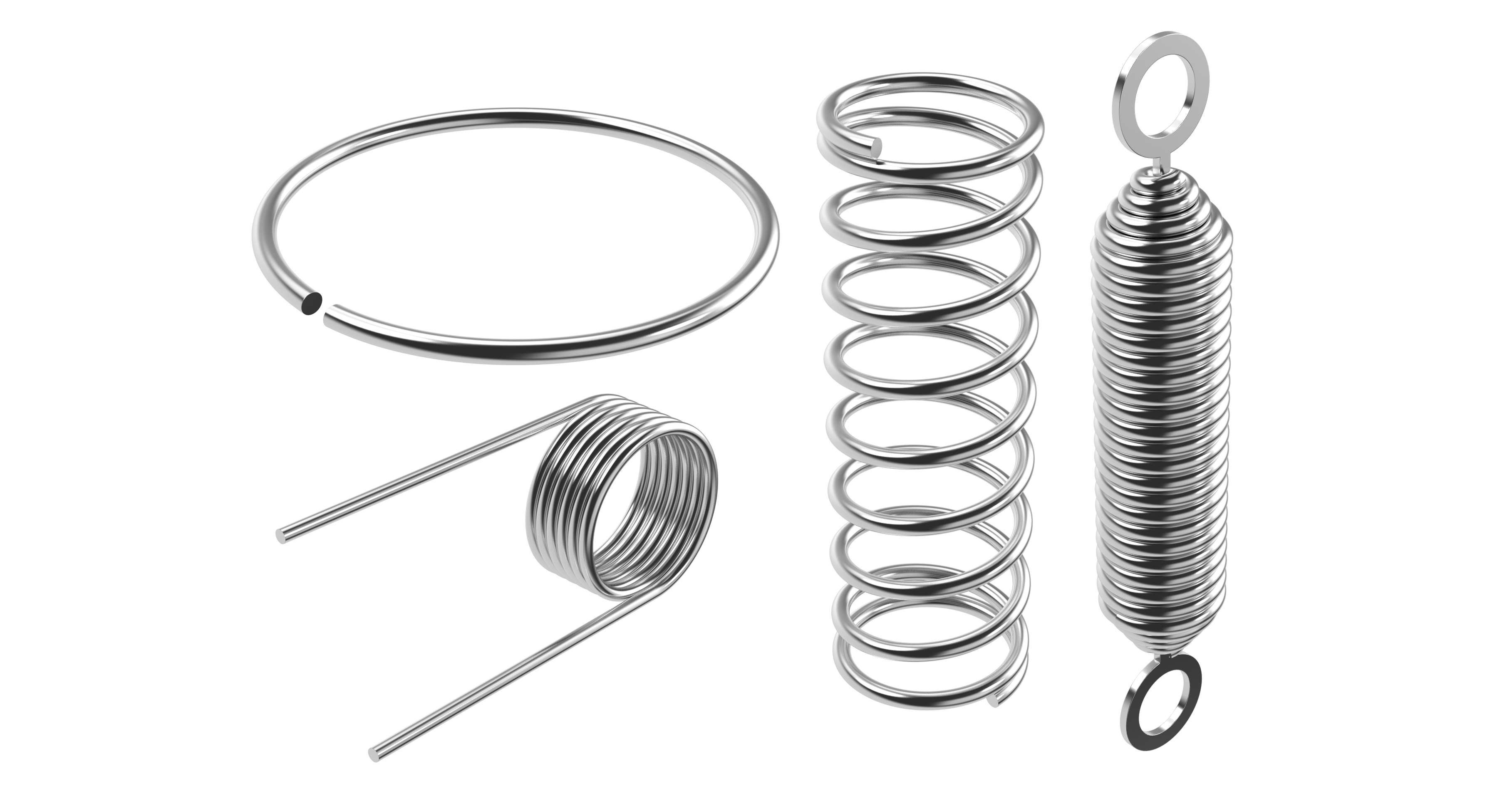 Vier Arten glänzender Metallfedern auf transparentem Hintergrund, die unterschiedliche Formen zeigen: Druckfeder, Zugfeder, Torsionsfeder und Drahtring.