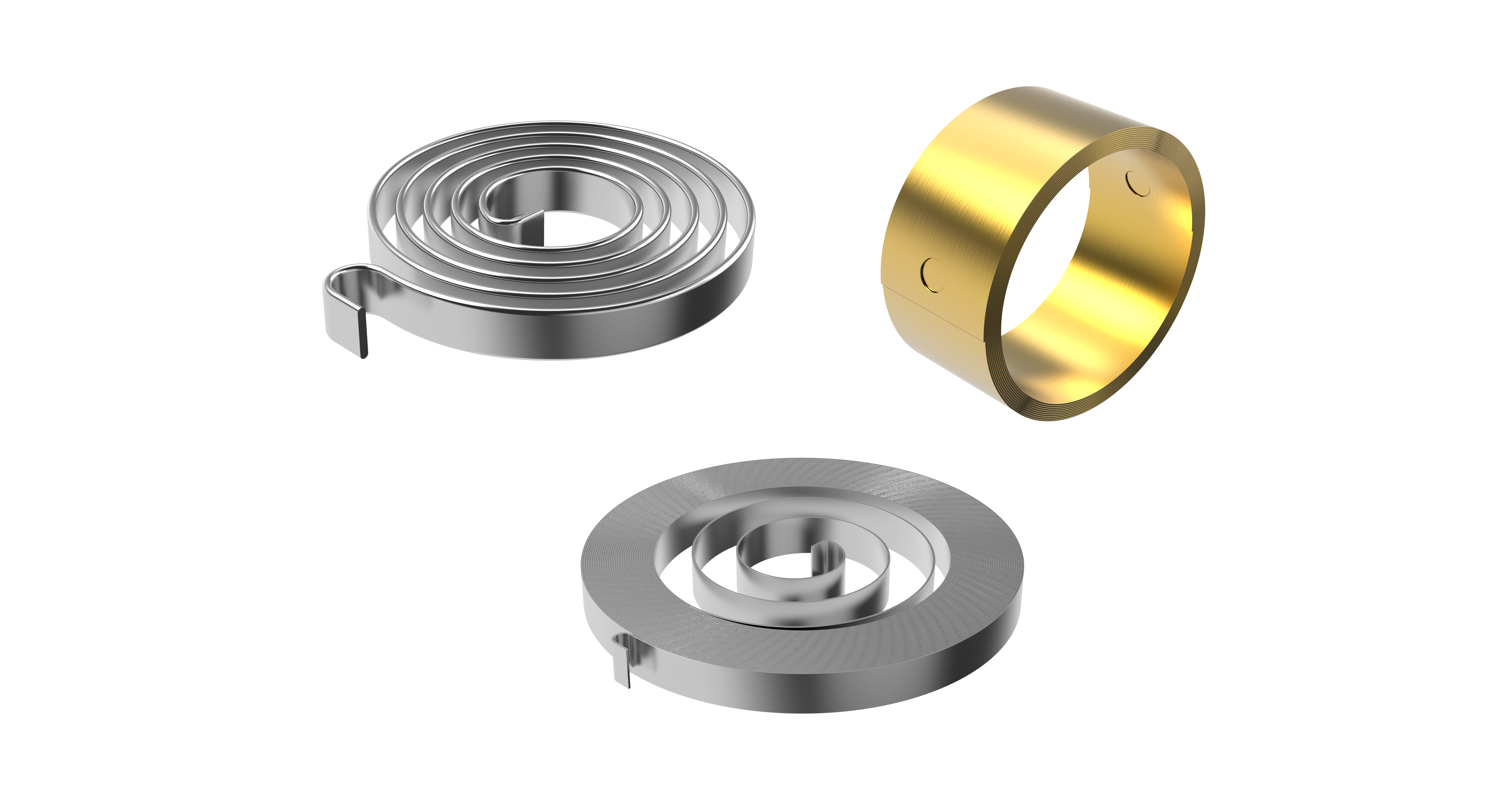 Zwei silberfarbene Flachfedern und eine glatte goldfarbene Flachfeder. Das Bild hebt Industriedesign hervor und stellt Texturkontraste heraus.