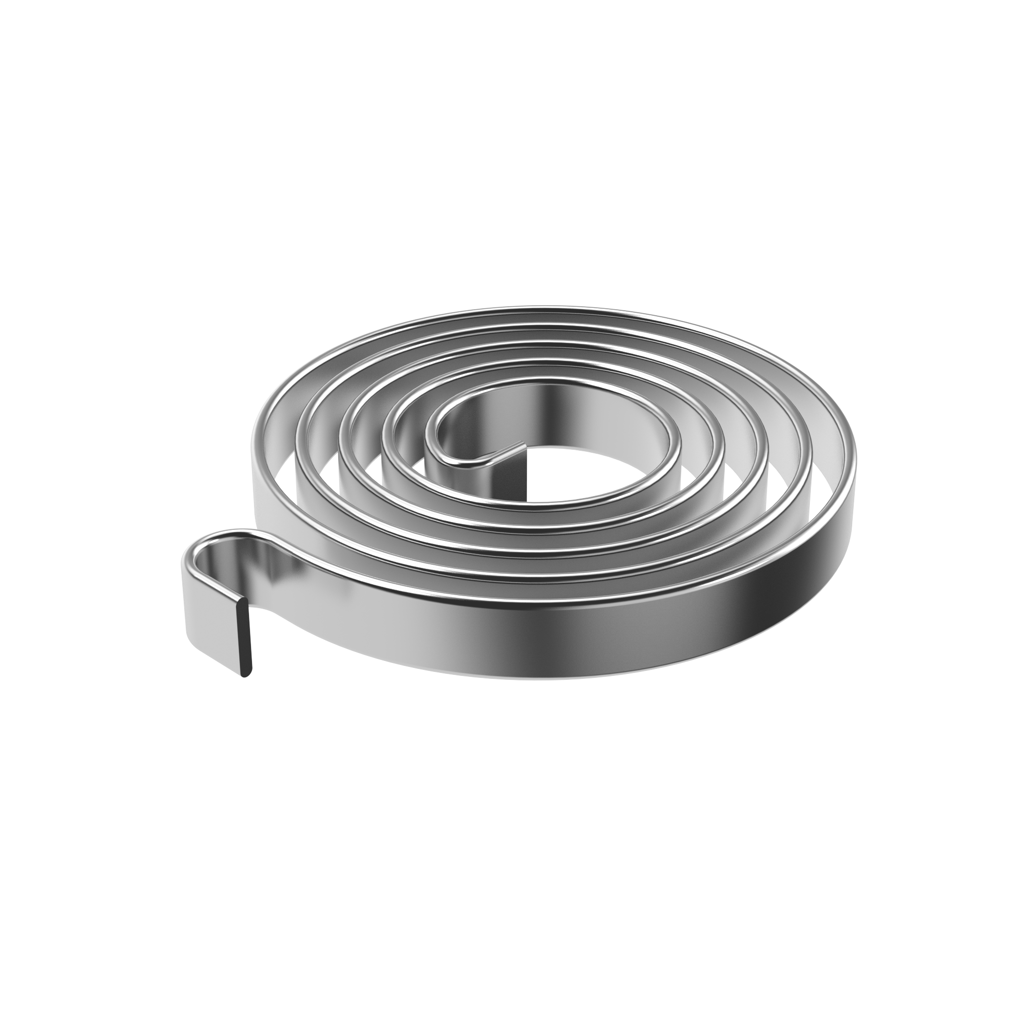 En stilren, metallisk flad fjeder ligger på en hvid baggrund. Spiralen er tæt oprullet med glatte, reflekterende overflader.