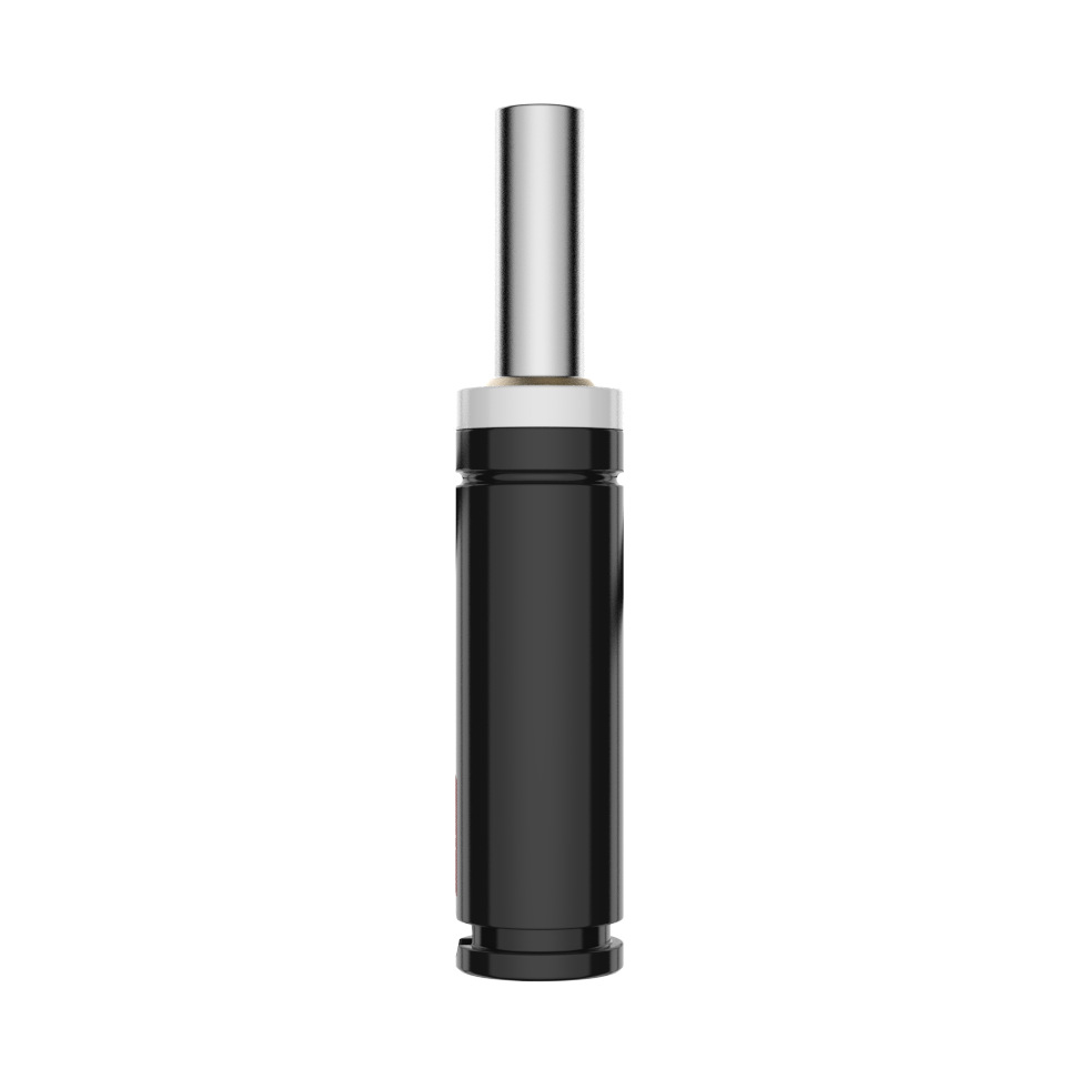 A sleek, black and silver nitro spring stands upright against a plain white background.