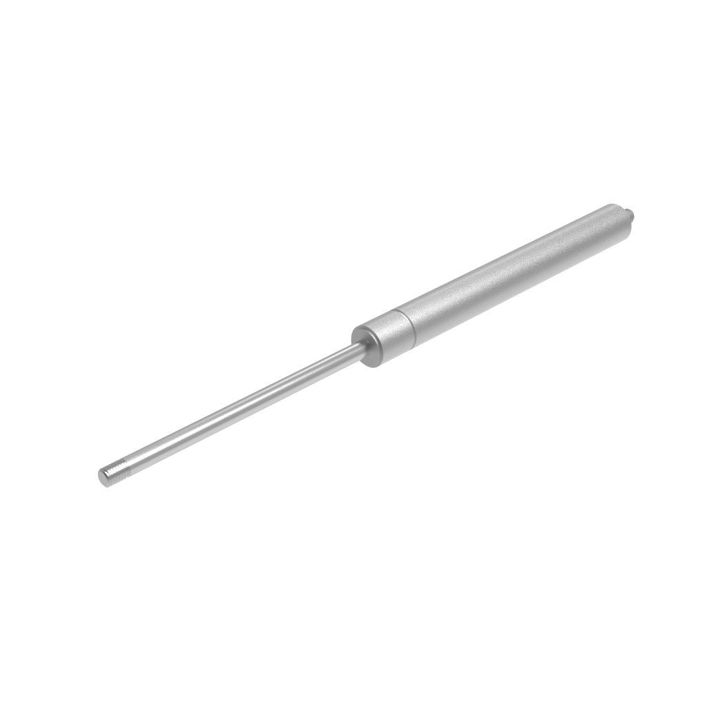 Eine schlanke, zylindrische, silberne Gasfeder aus Edelstahl mit spitzer Spitze vor einem weißen Hintergrund, die elegant und präzise wirkt.