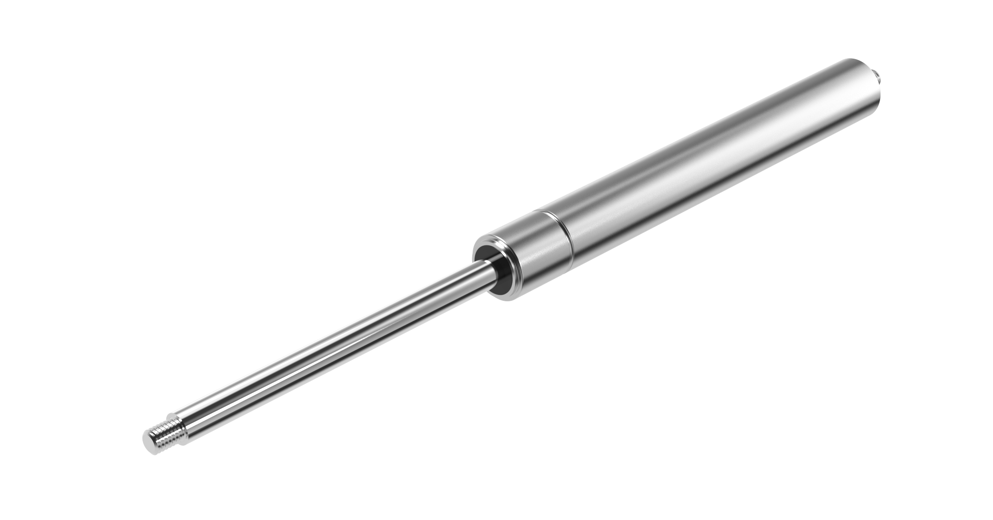 A metallic, cylindrical stainless steel gas spring against a white background. The shiny surface reflects light.