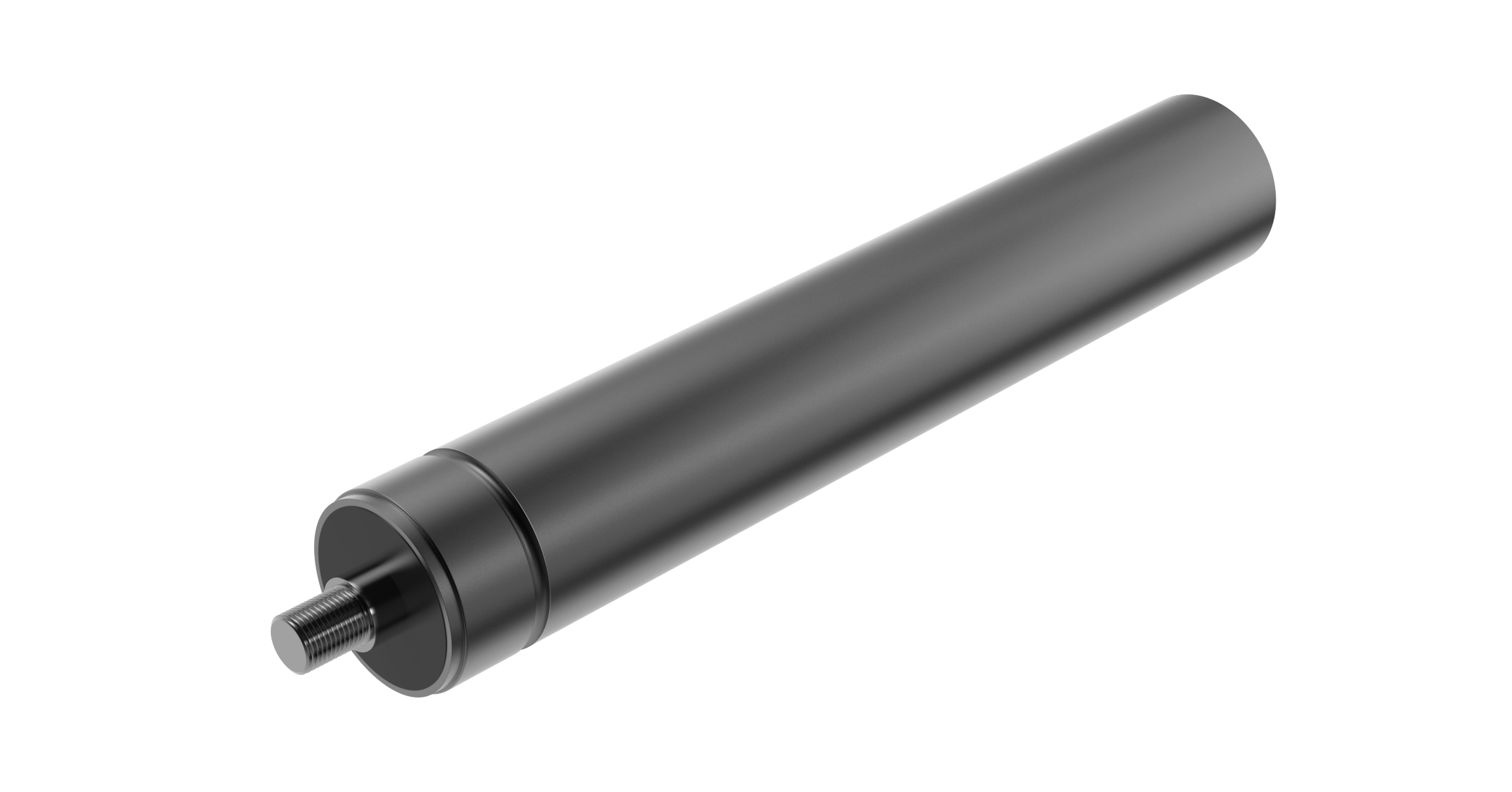 Eine elegante schwarze zylindrische Zug-Gasfeder vor einem transparenten Hintergrund. Die Feder hat ein minimalistisches Design mit einer dezenten metallischen Oberfläche.