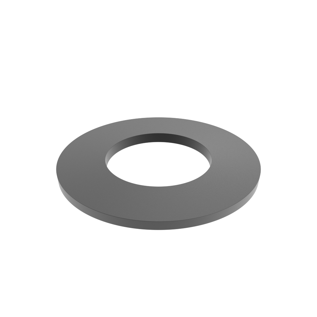 Eine graue, glatte Tellerfeder ist mittig vor einem einfachen weißen Hintergrund platziert. Das Objekt wirkt flach und minimalistisch.