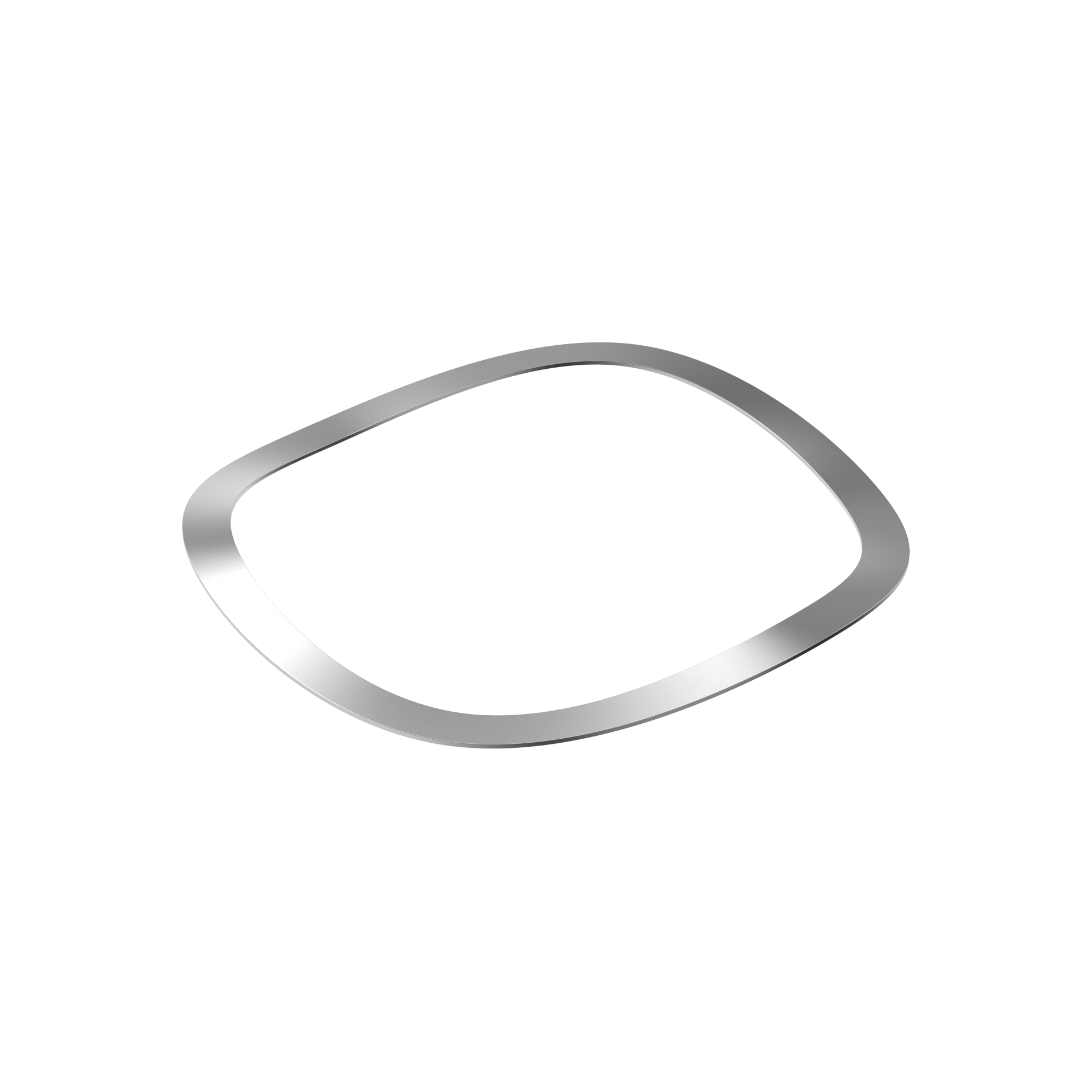 En tynd, flad metalring med en let ujævn, bølgeformet kontur, vist på en hvid baggrund.